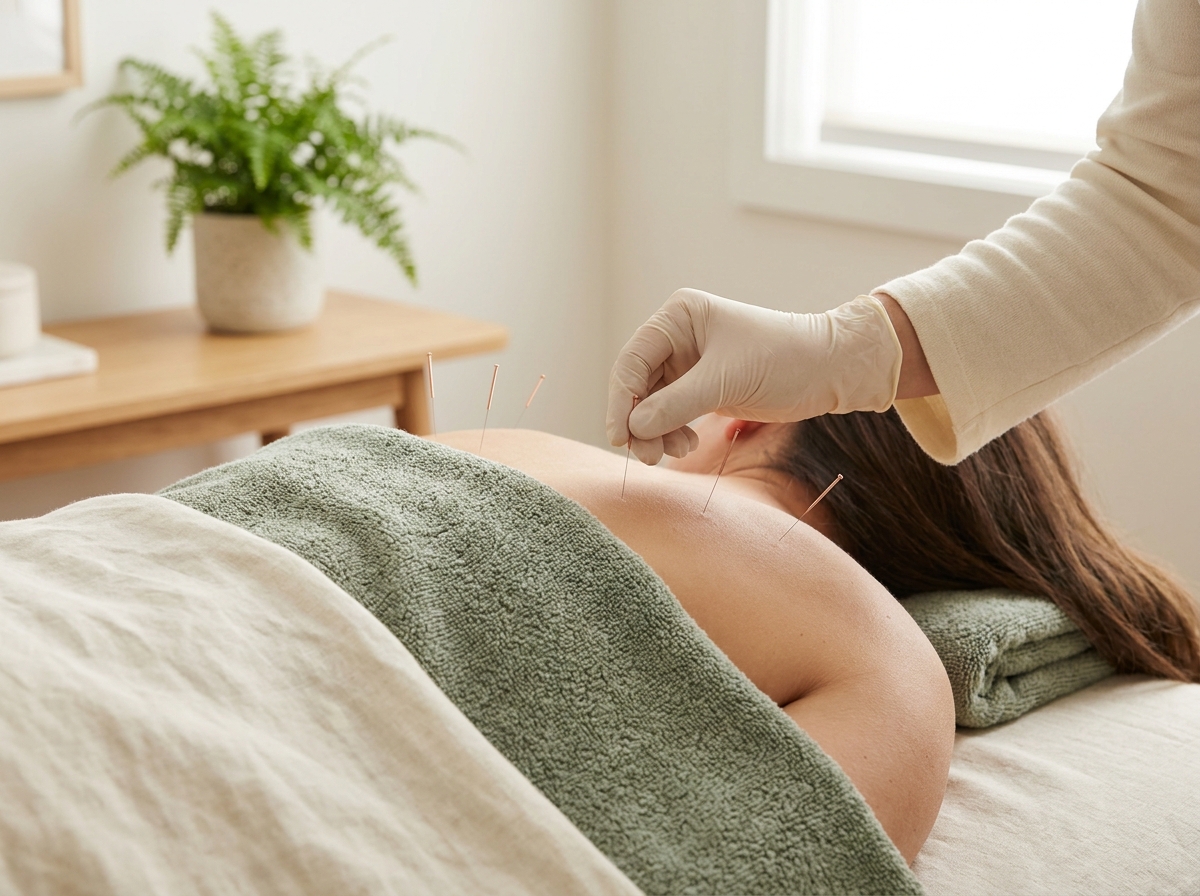 Acupuncturist placing fine needles along a patient's back