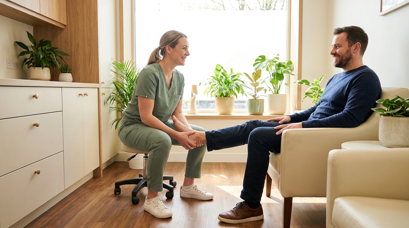 Chiropodist examining a patient's foot and ankle