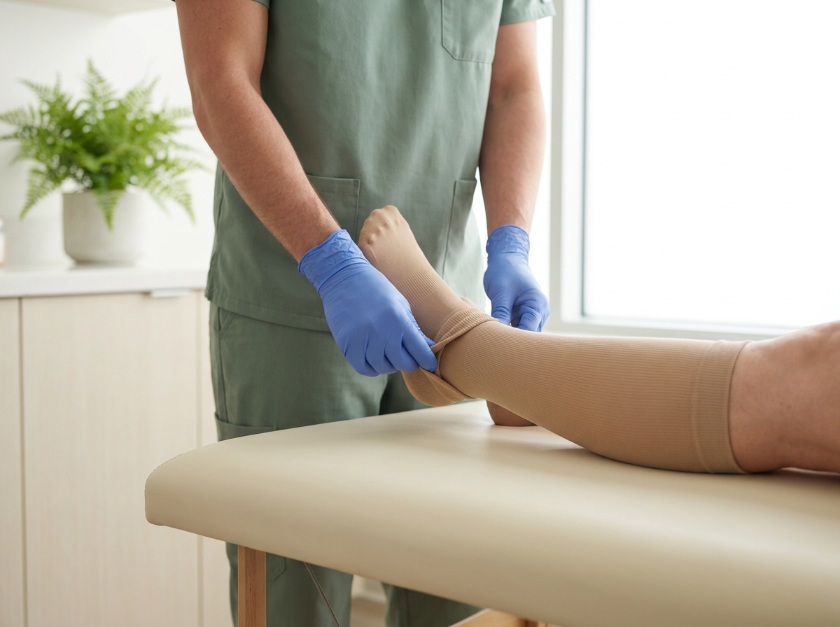 Clinician fitting a medical compression stocking