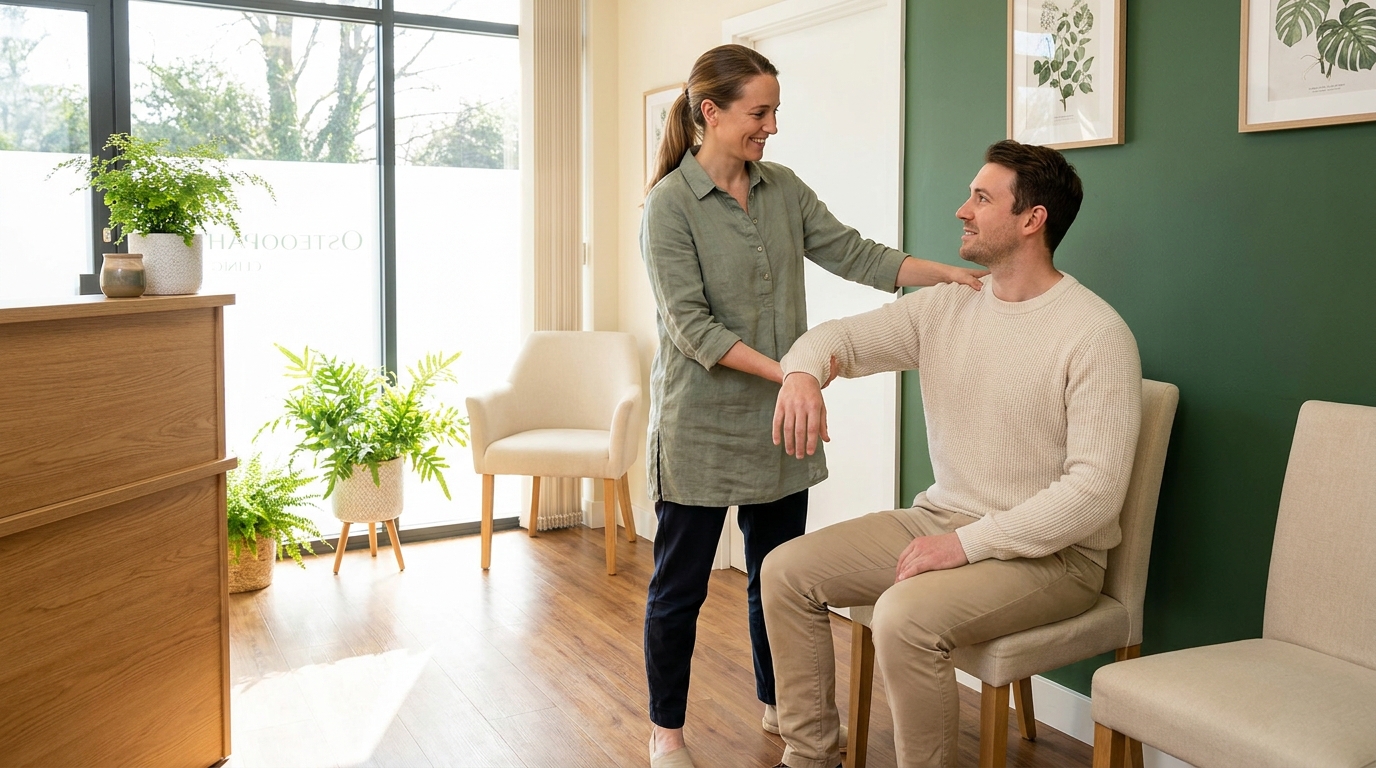 Osteopath mobilizing a patient's shoulder