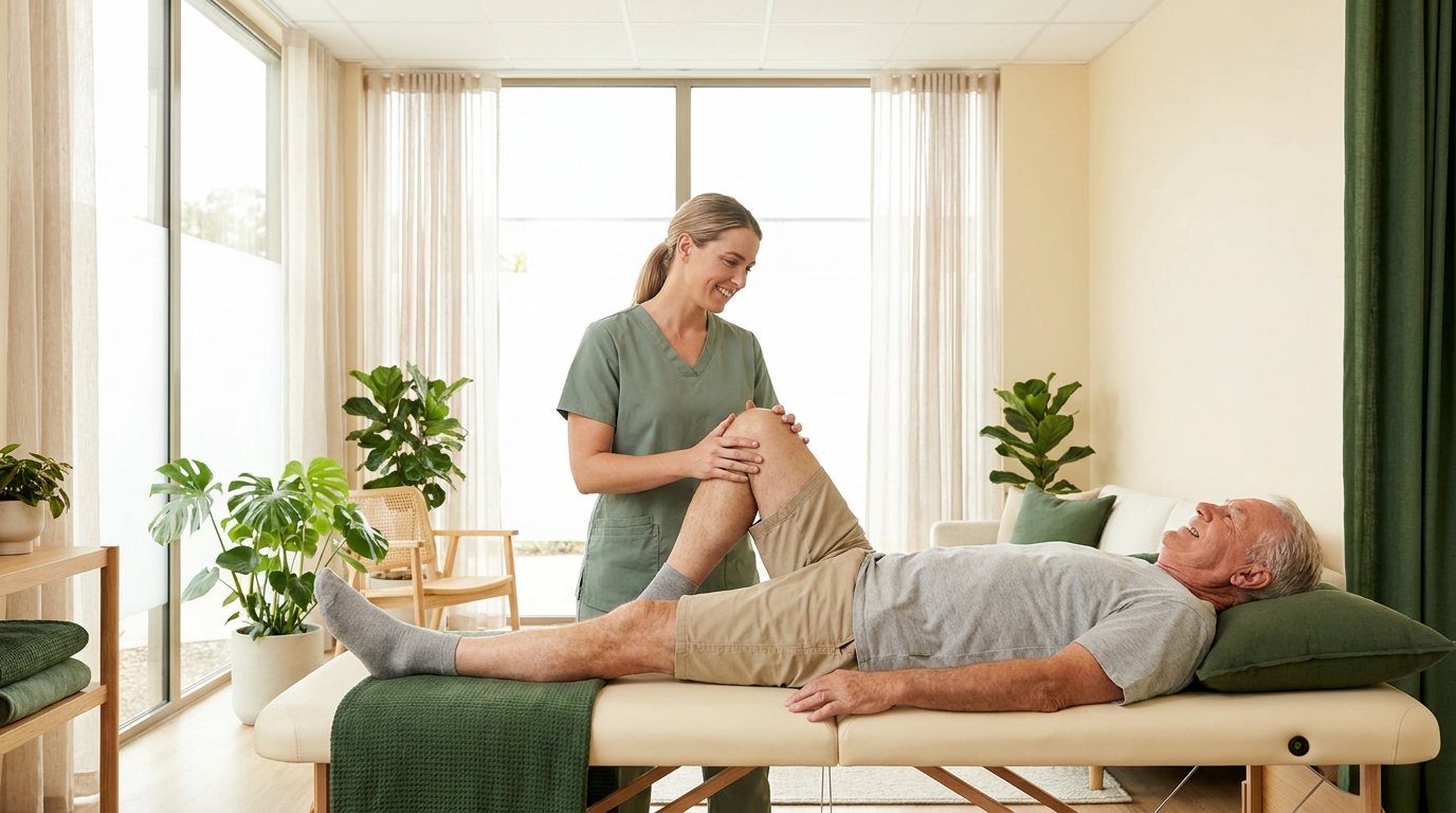 Physiotherapist assessing a patient's knee range of motion
