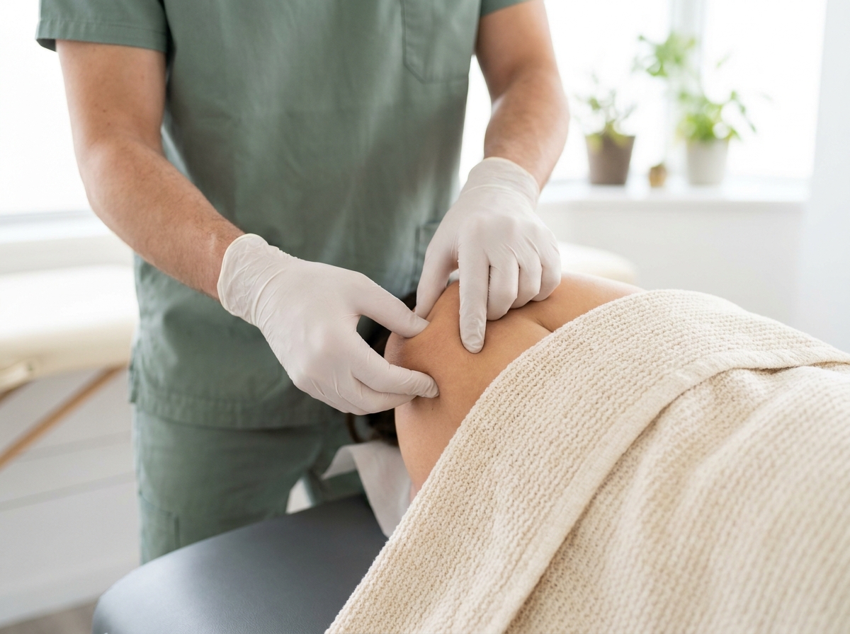 Physiotherapist performing manual therapy on a patient's shoulder